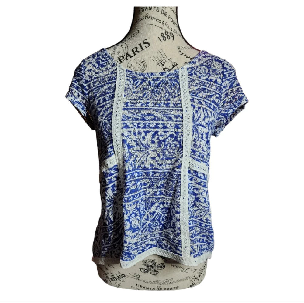 Anthropologie Meadow Rue Blue/White Boho Top Size Small - Picture 1 of 3